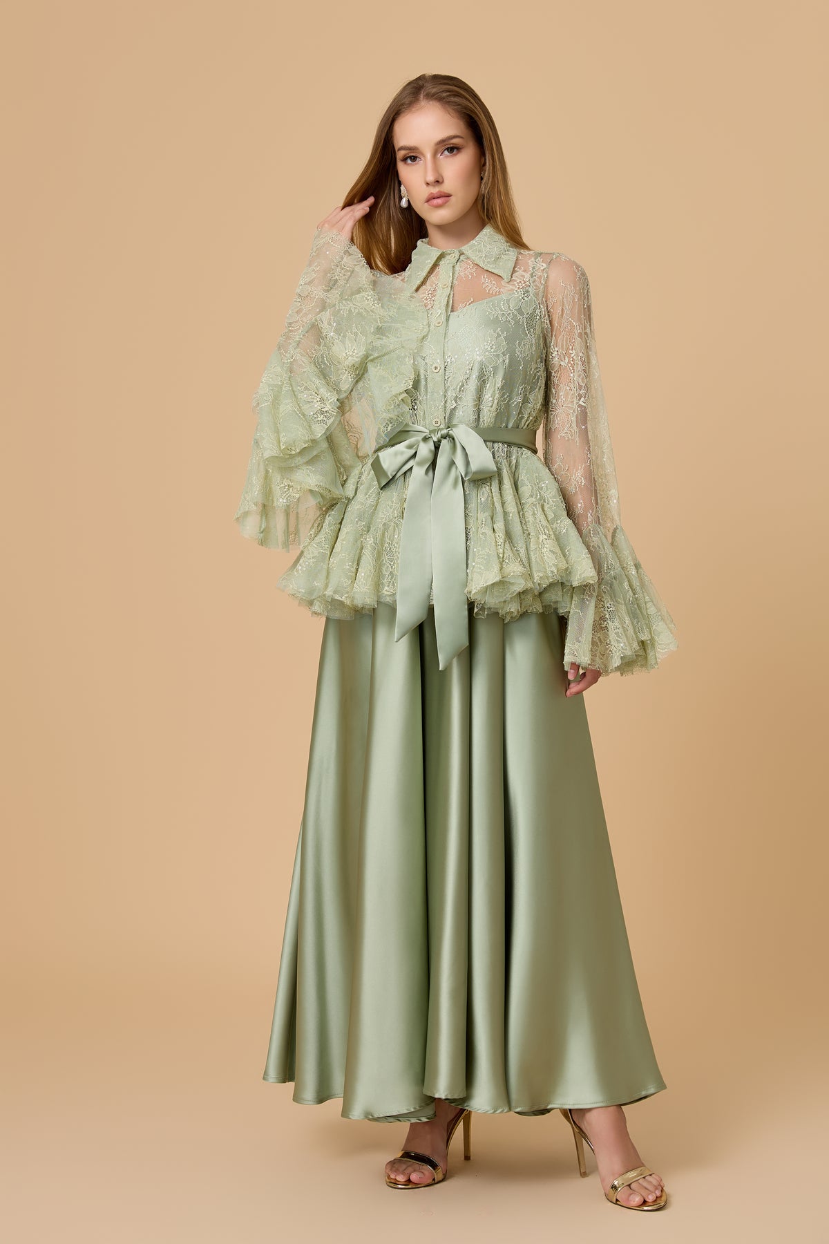 Soft Morning Mist Green Sheer Ruffled Blouse & Satin Dress Set