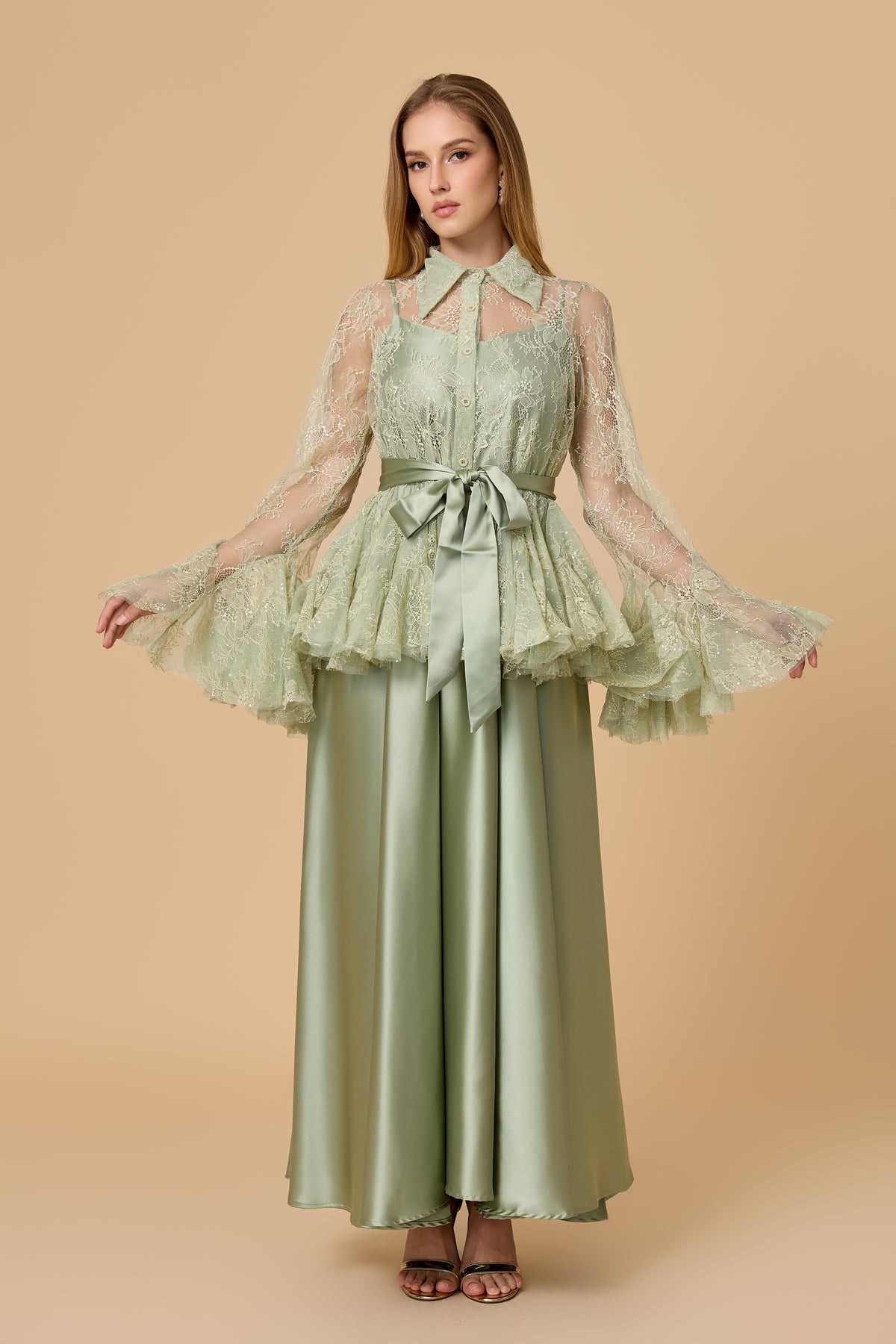 Soft Morning Mist Green Sheer Ruffled Blouse & Satin Dress Set