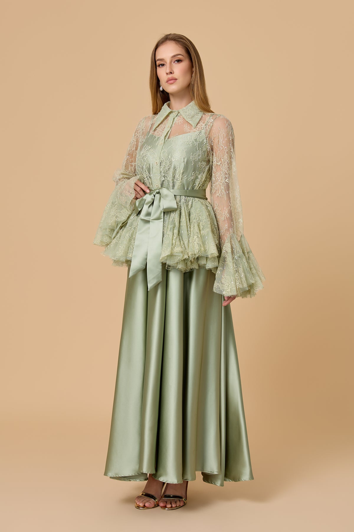 Soft Morning Mist Green Sheer Ruffled Blouse & Satin Dress Set