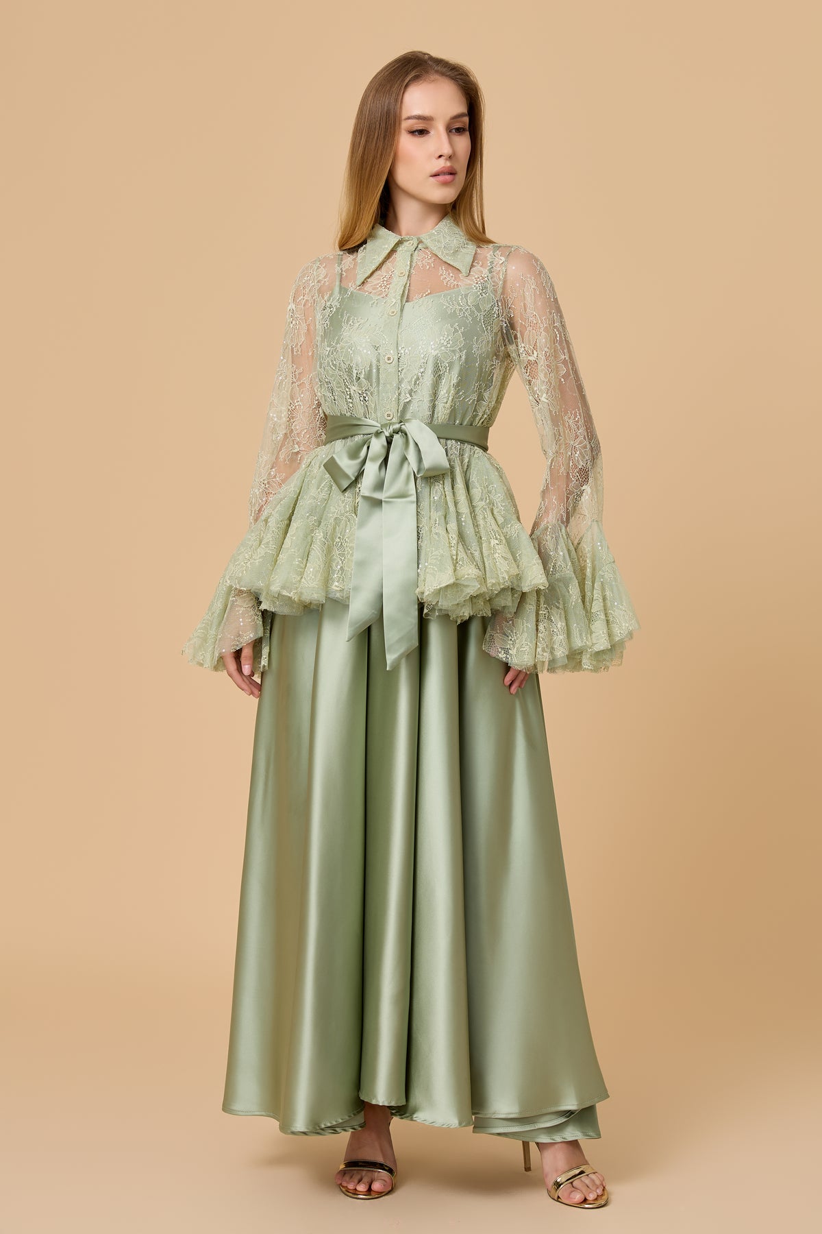 Soft Morning Mist Green Sheer Ruffled Blouse & Satin Dress Set