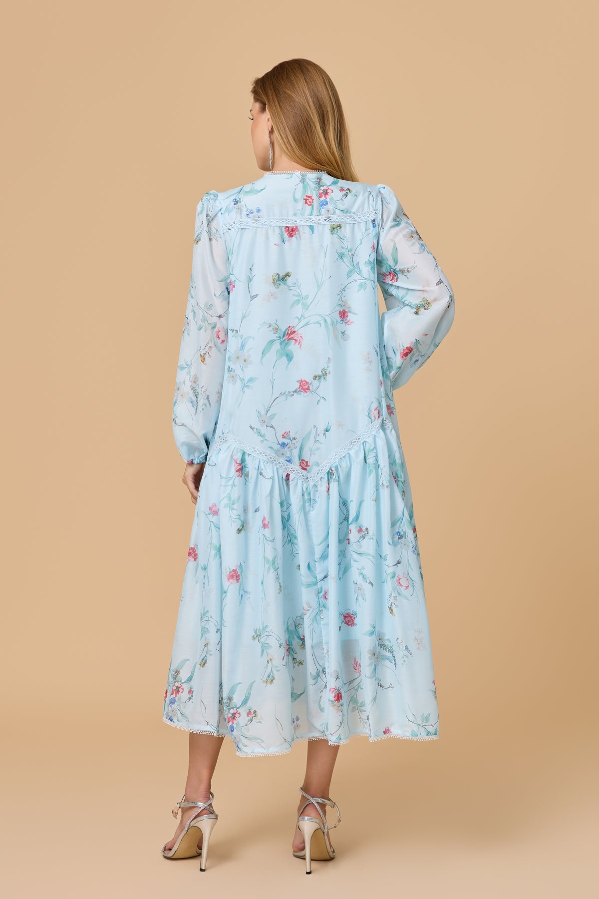 Light Blue Floral Print Lace Trim Tiered Long Sleeve Midi Dress