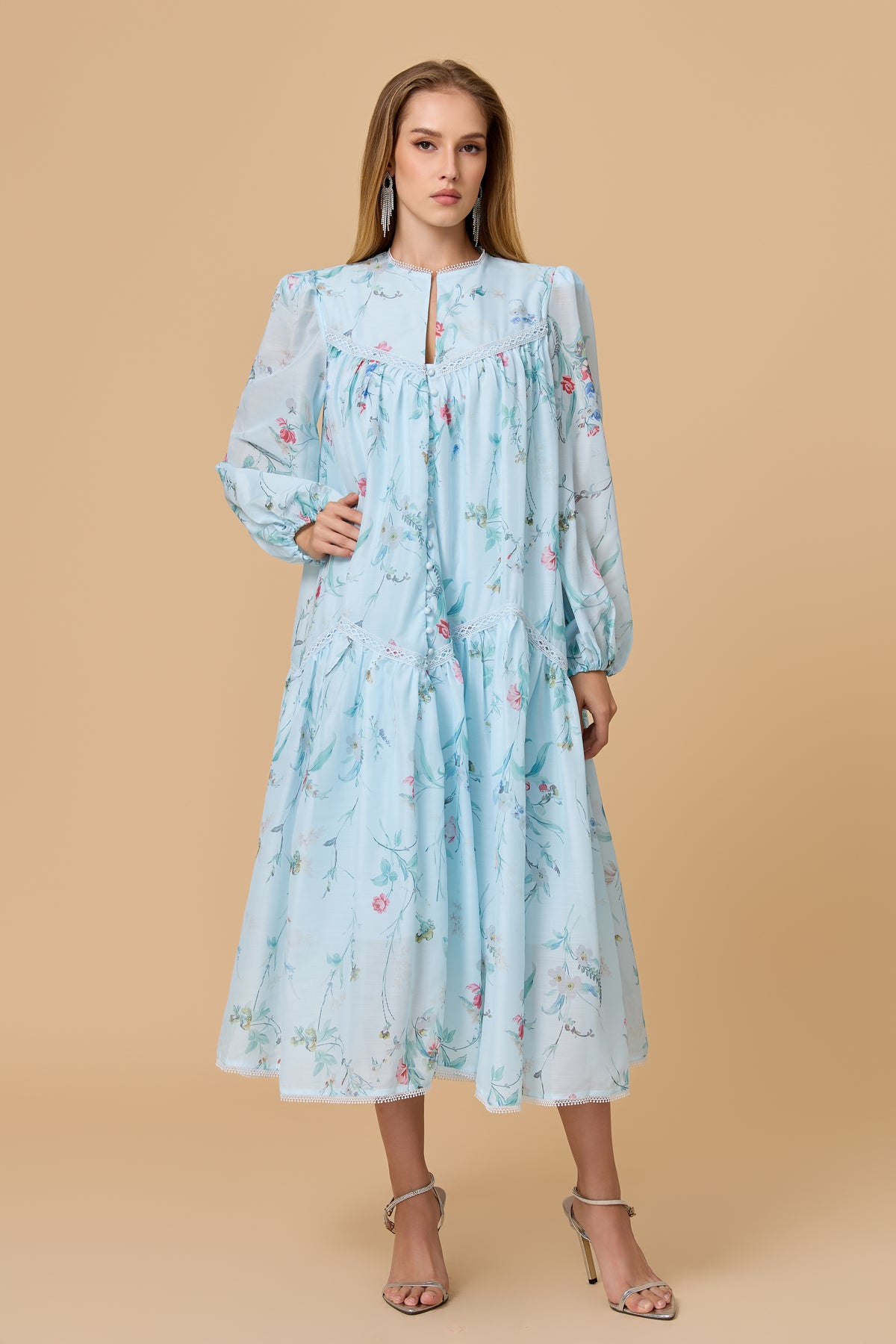 Light Blue Floral Print Lace Trim Tiered Long Sleeve Midi Dress