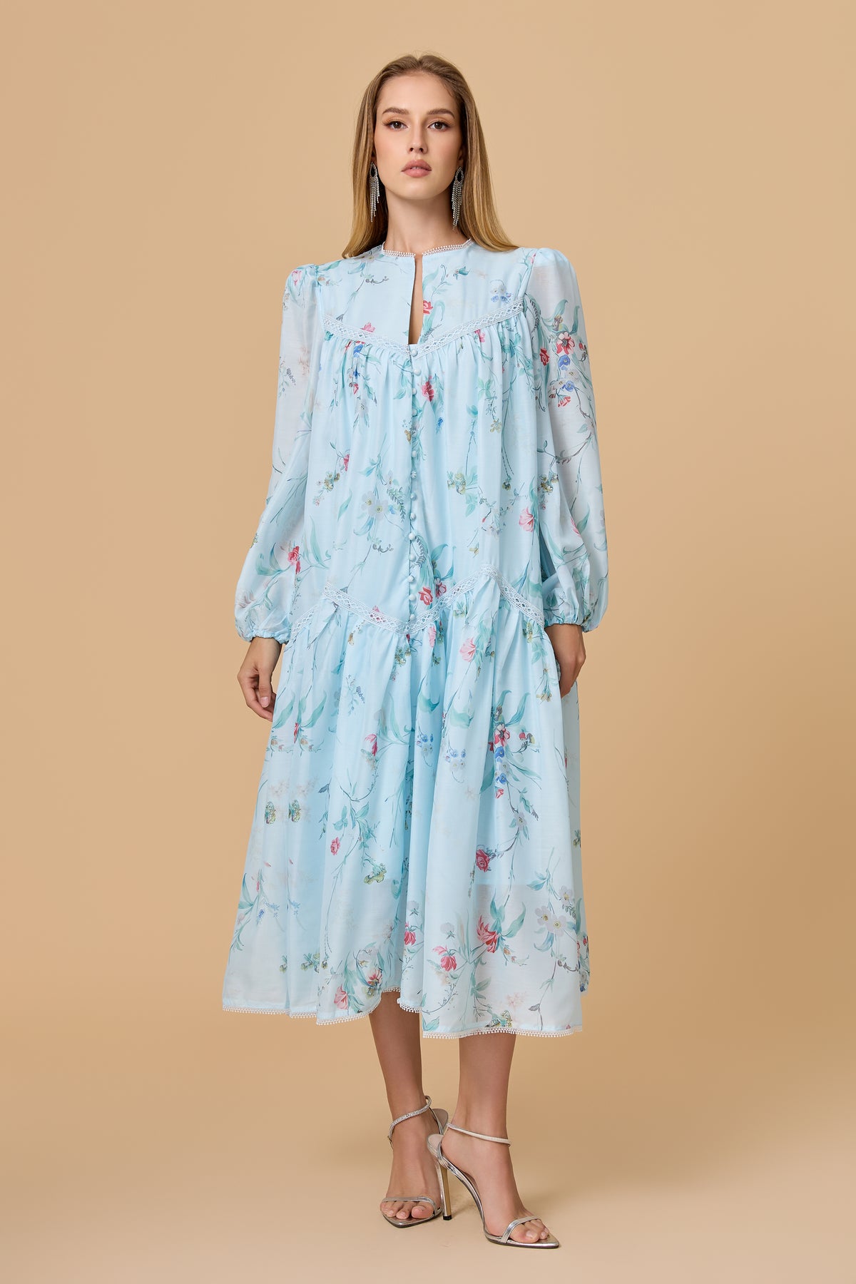 Light Blue Floral Print Lace Trim Tiered Long Sleeve Midi Dress
