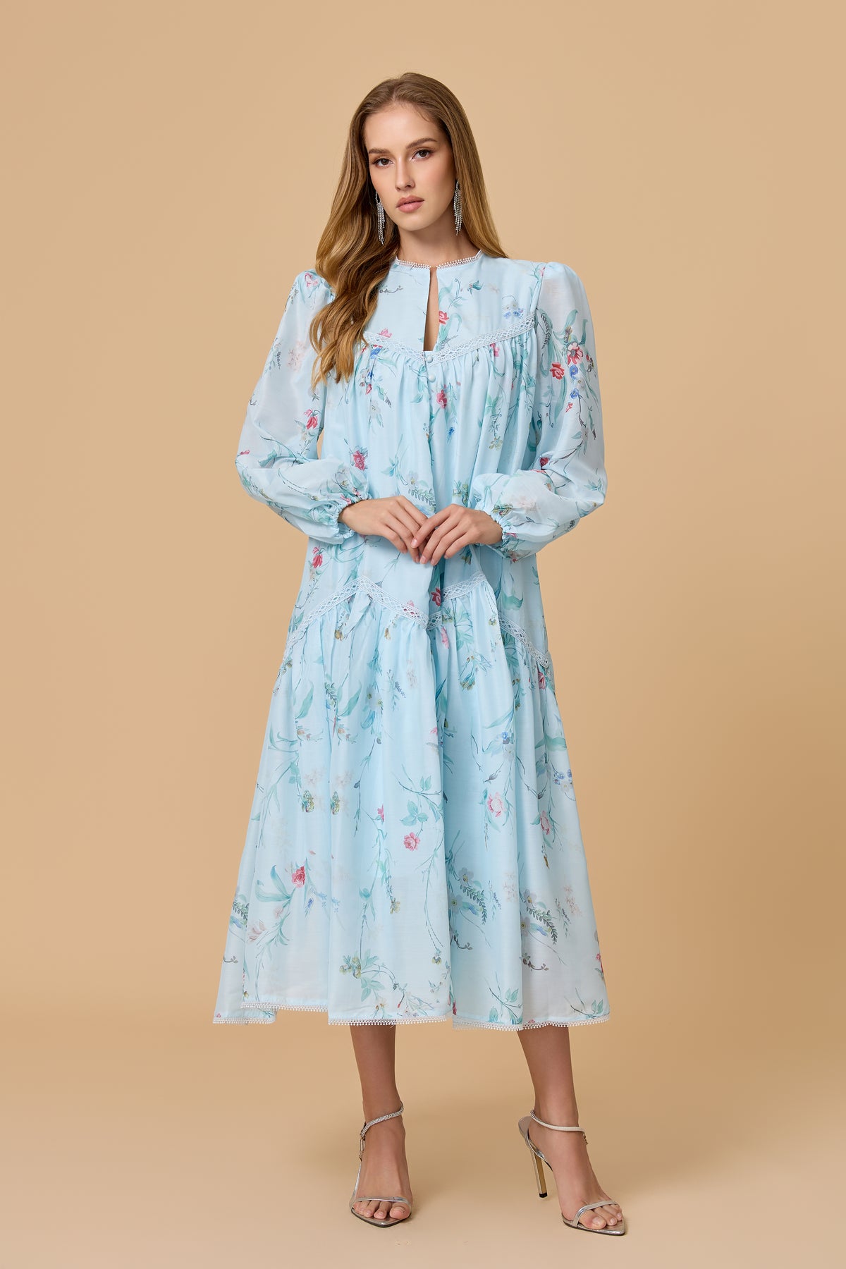 Light Blue Floral Print Lace Trim Tiered Long Sleeve Midi Dress
