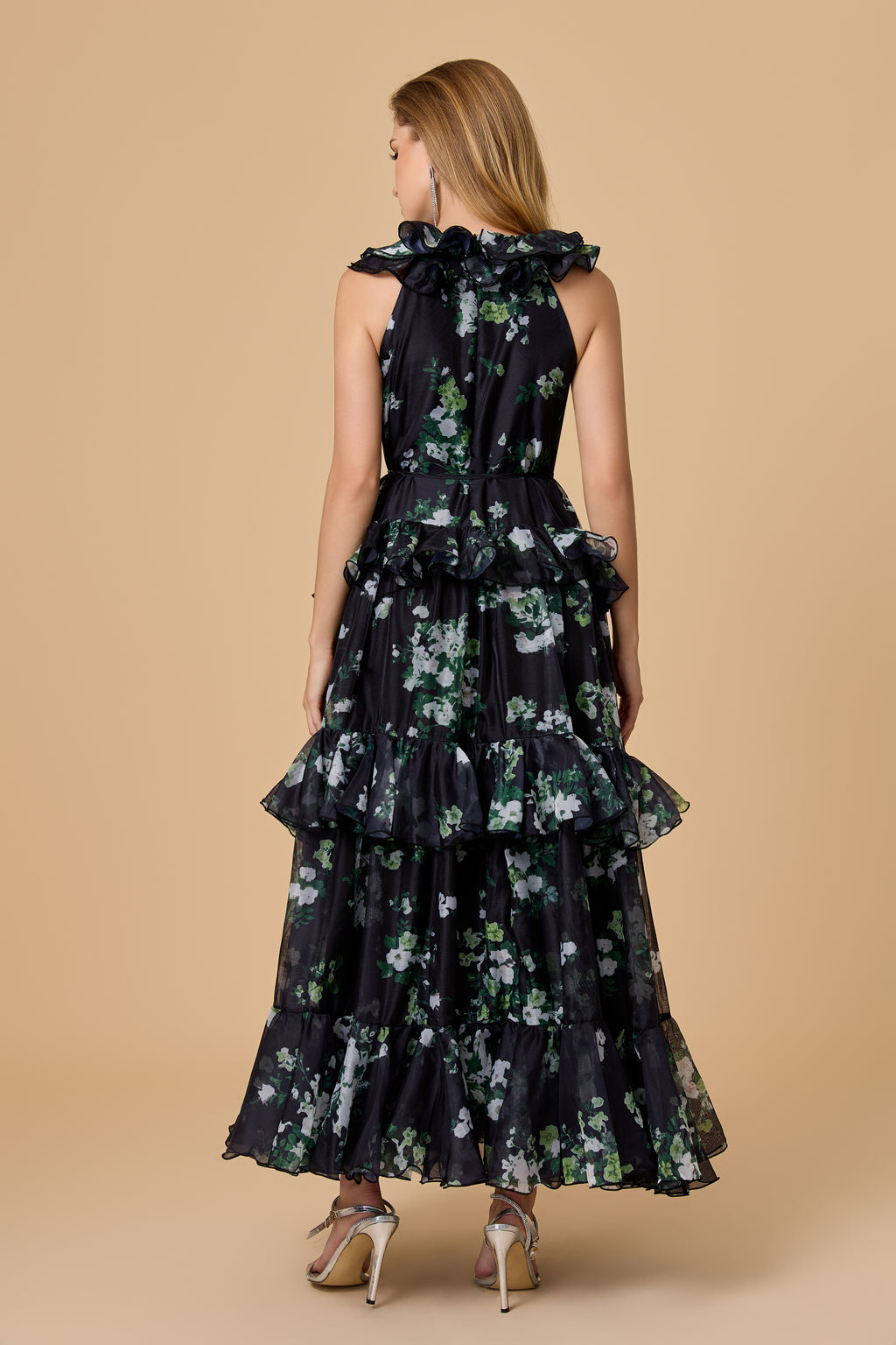 Vintage Black Floral Halter Maxi Dress