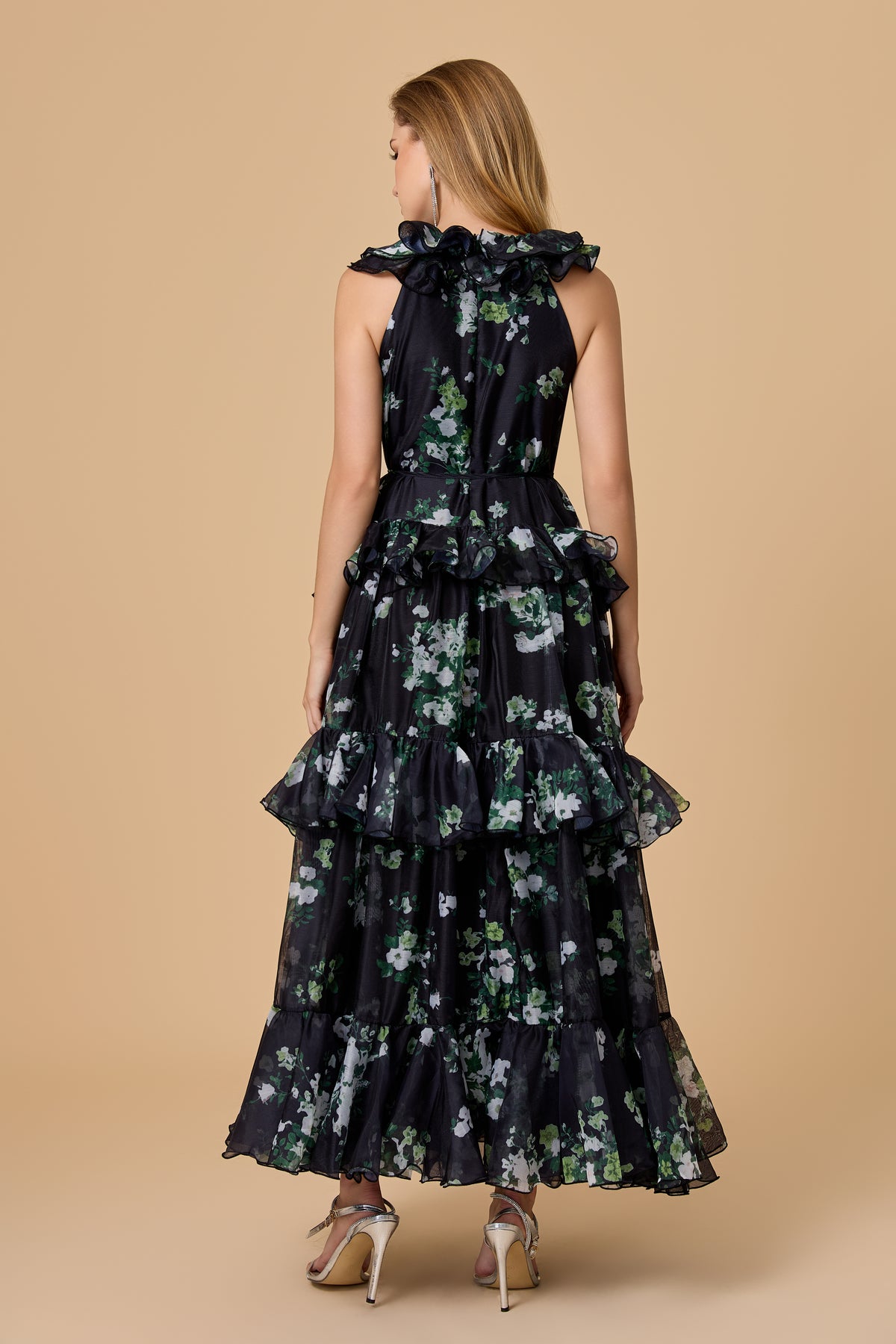 Vintage Black Floral Halter Maxi Dress