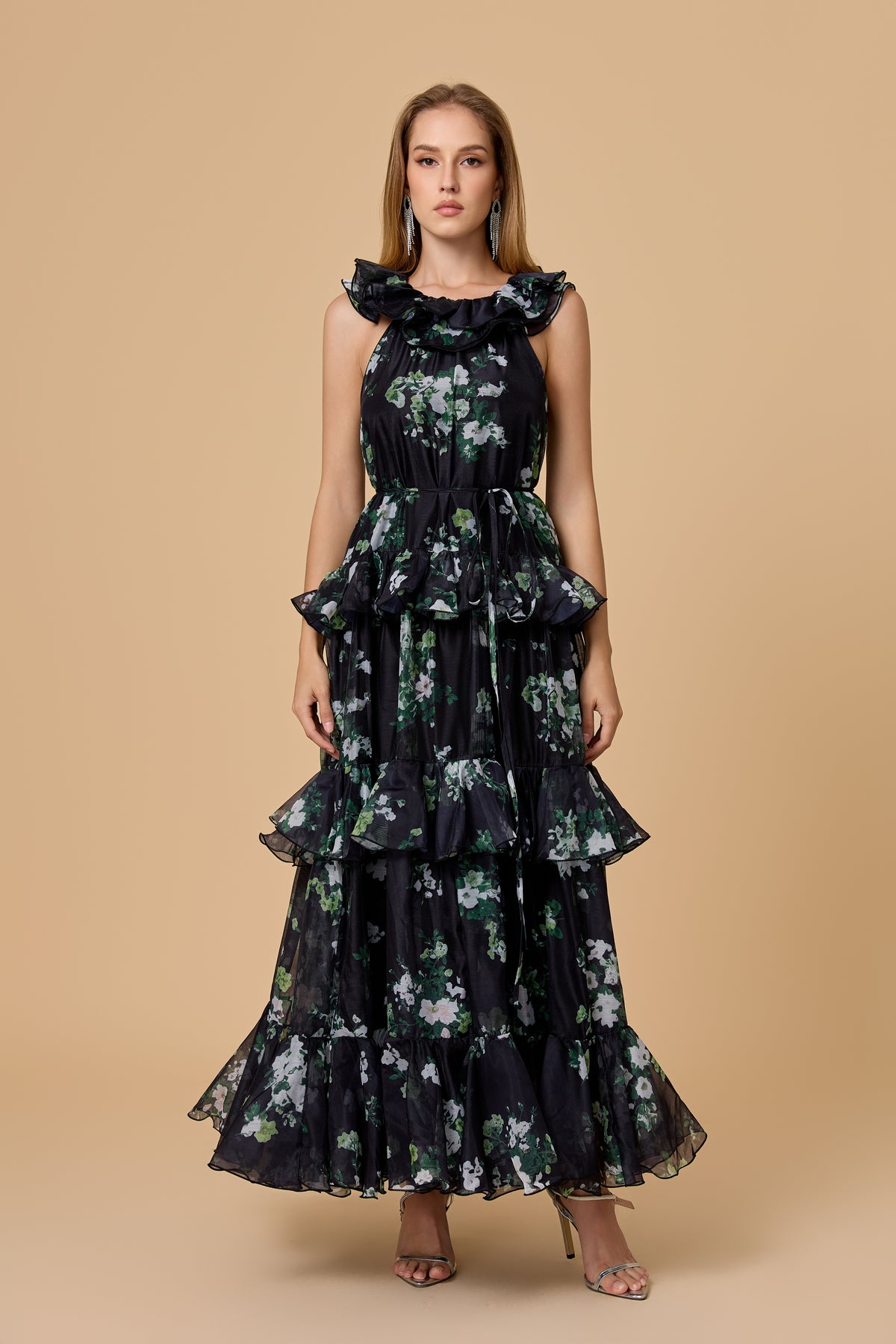 Vintage Black Floral Halter Maxi Dress