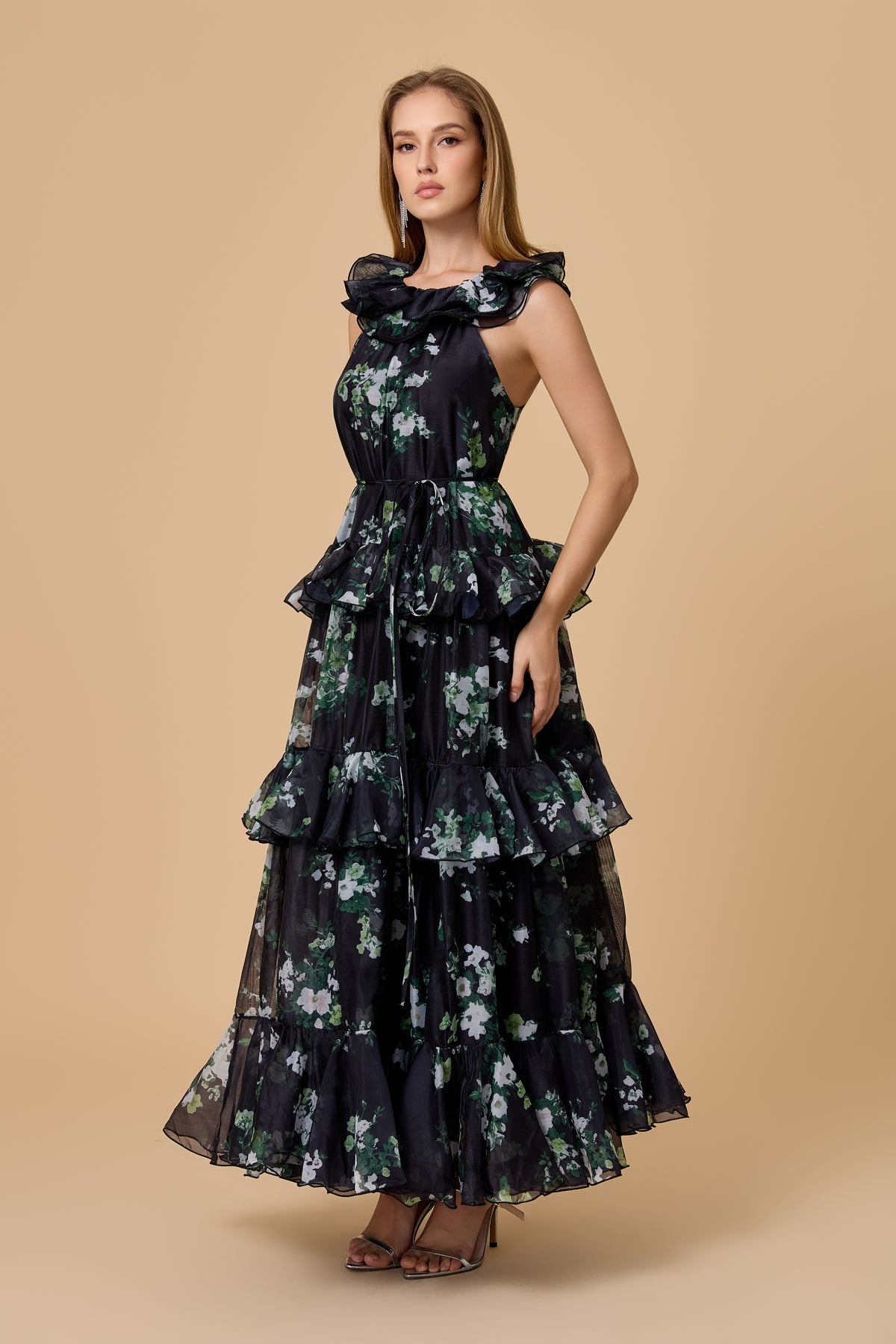 Vintage Black Floral Halter Maxi Dress