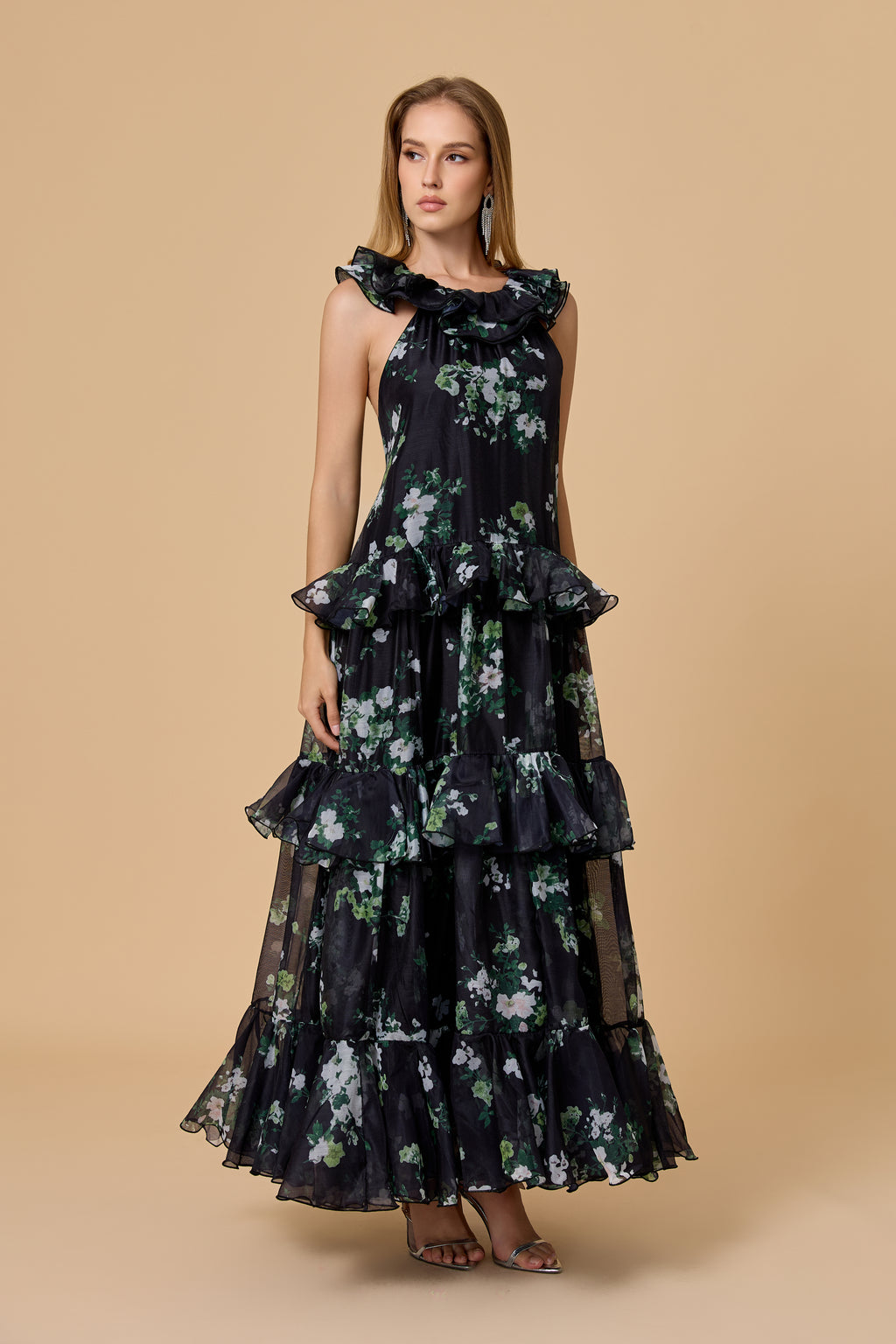 Vintage Black Floral Halter Maxi Dress