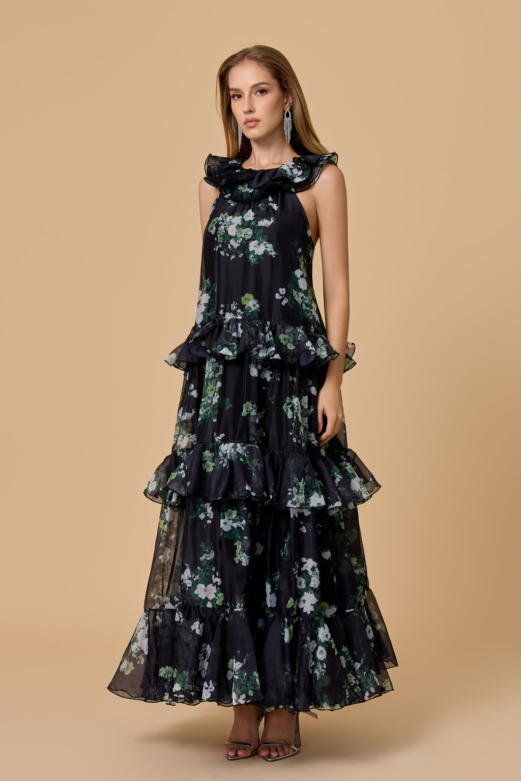 Vintage Black Floral Halter Maxi Dress