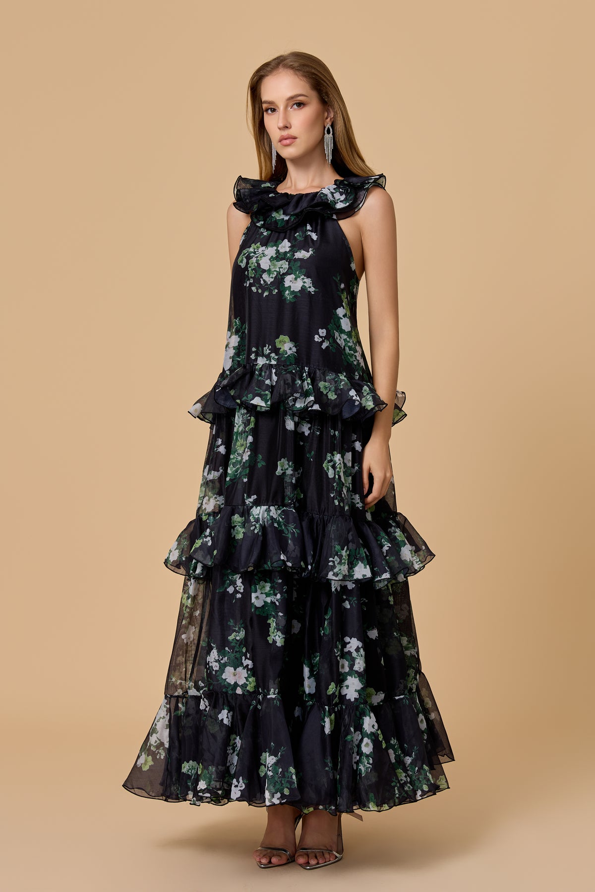 Vintage Black Floral Halter Maxi Dress