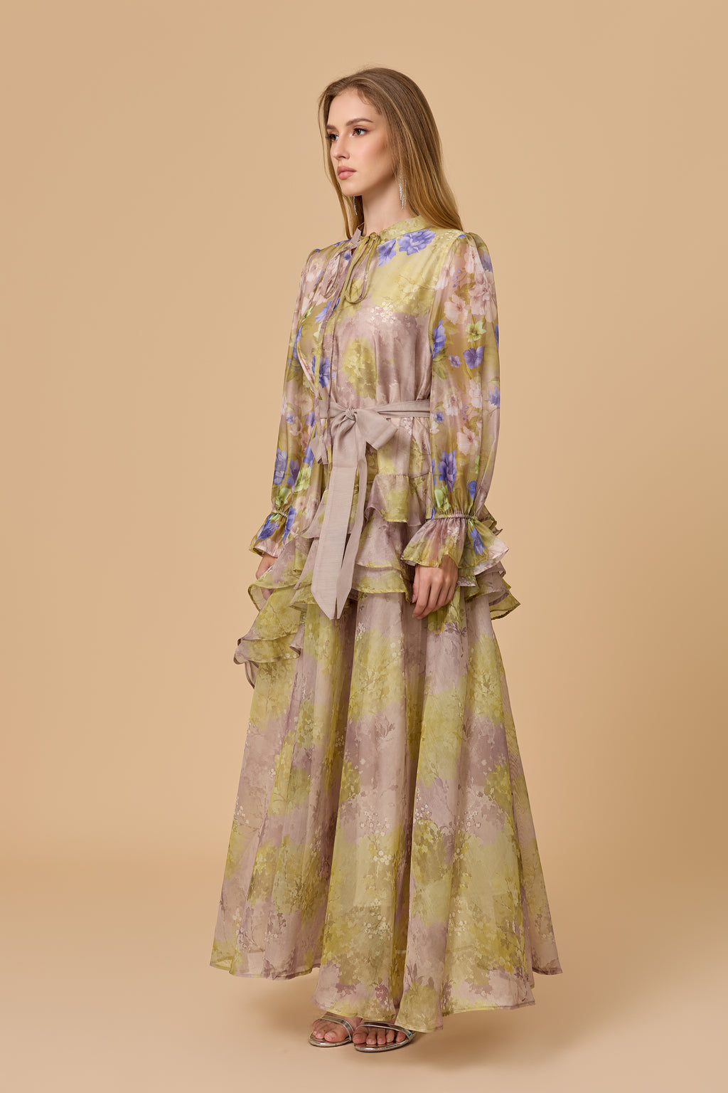 Dreamy Sage Floral Print Long Sleeve Tiered Maxi Dress