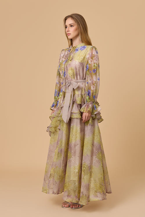 Dreamy Sage Floral Print Long Sleeve Tiered Maxi Dress