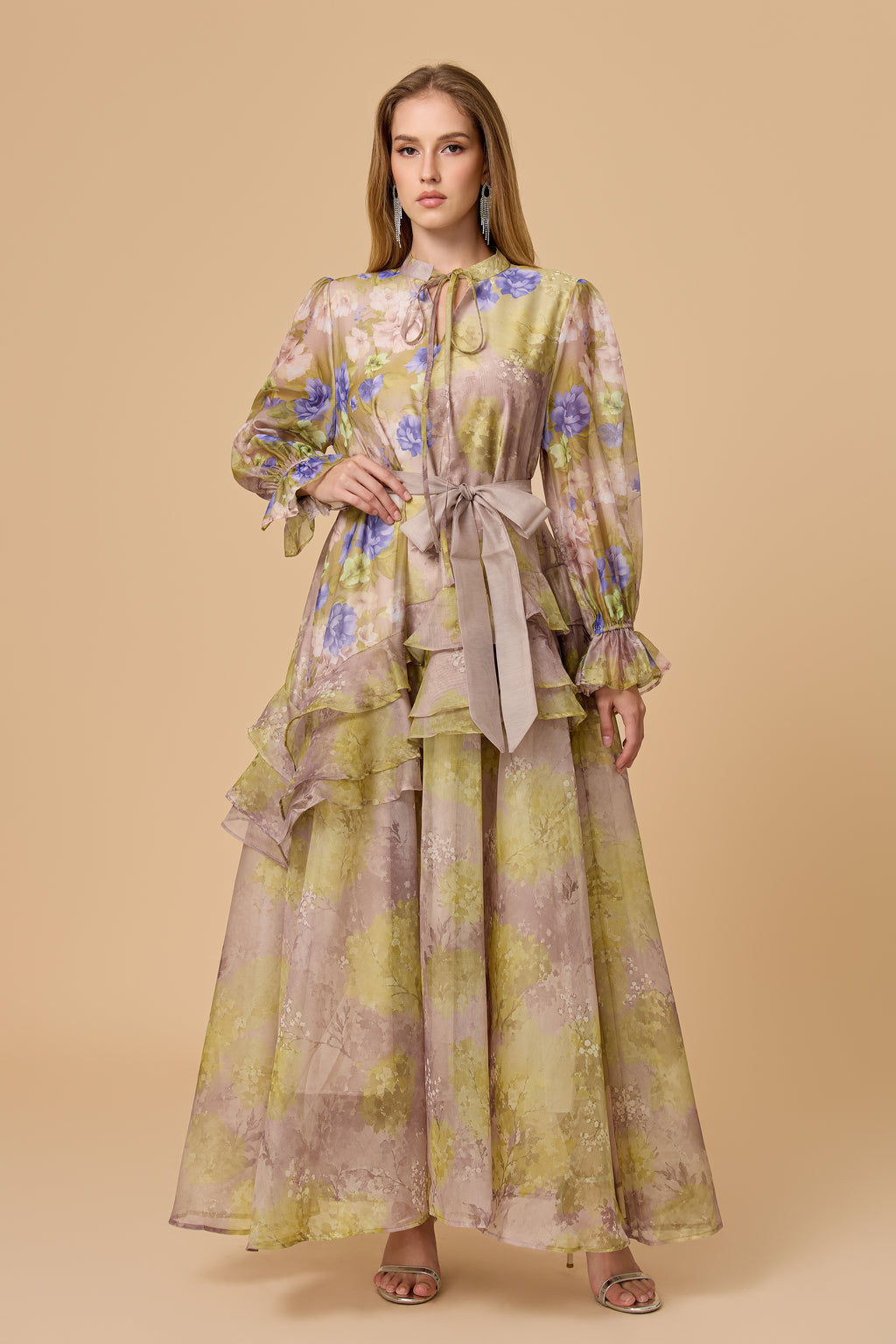 Dreamy Sage Floral Print Long Sleeve Tiered Maxi Dress