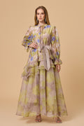 Dreamy Sage Floral Print Long Sleeve Tiered Maxi Dress