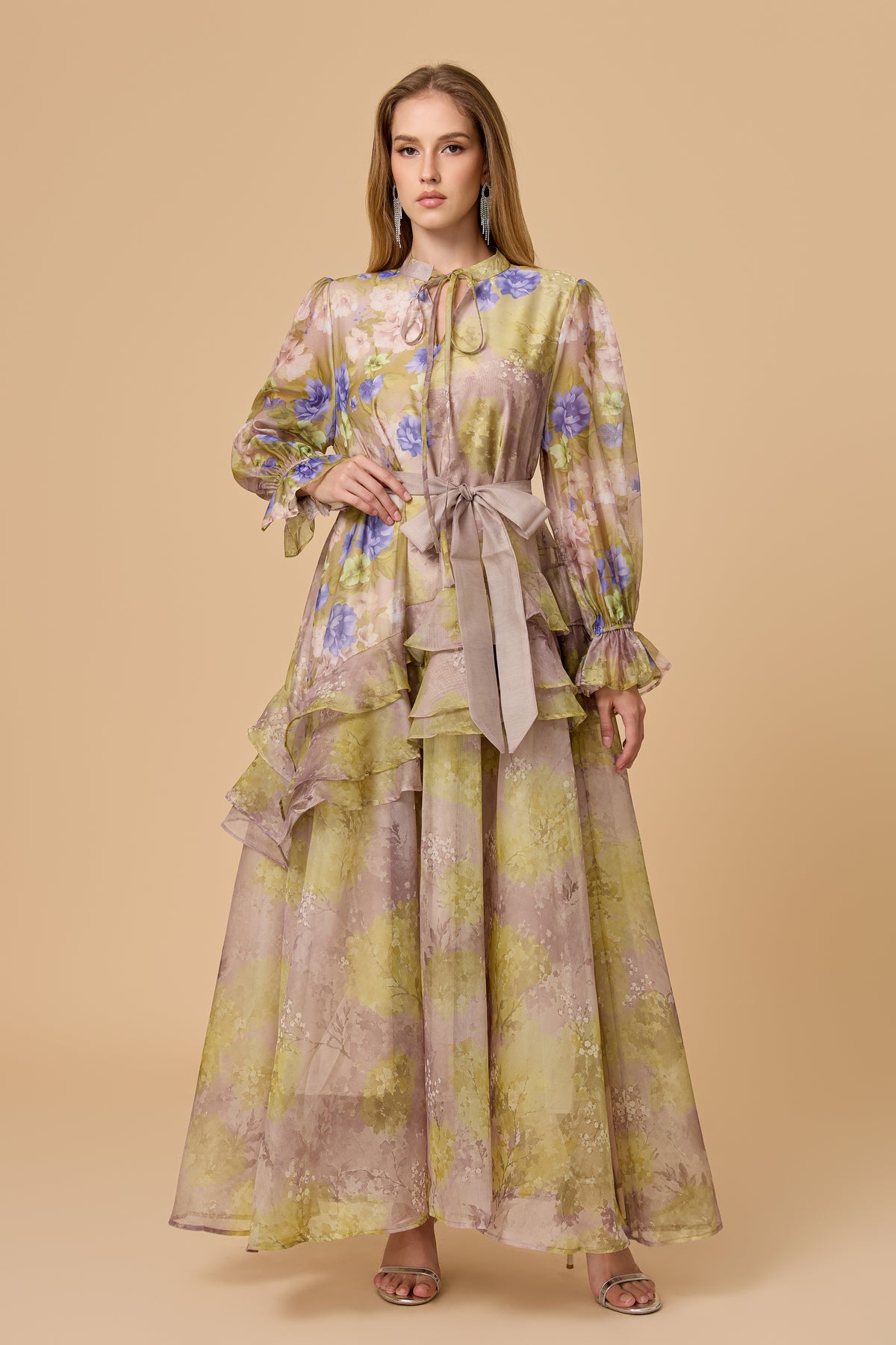 Dreamy Sage Floral Print Long Sleeve Tiered Maxi Dress