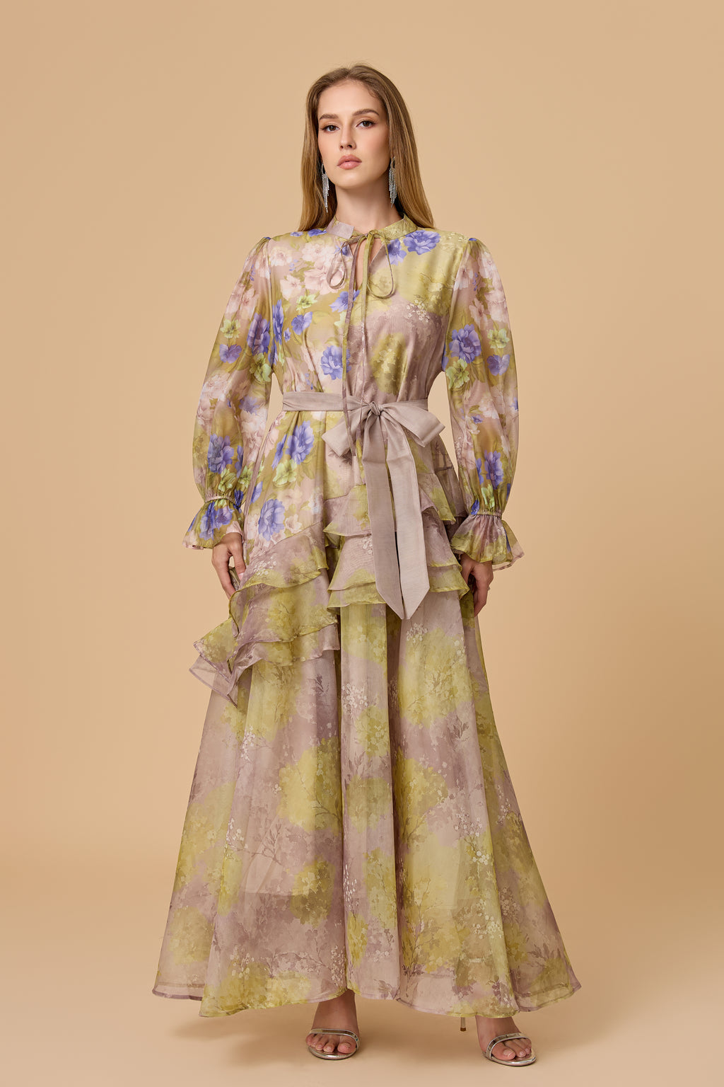 Dreamy Sage Floral Print Long Sleeve Tiered Maxi Dress