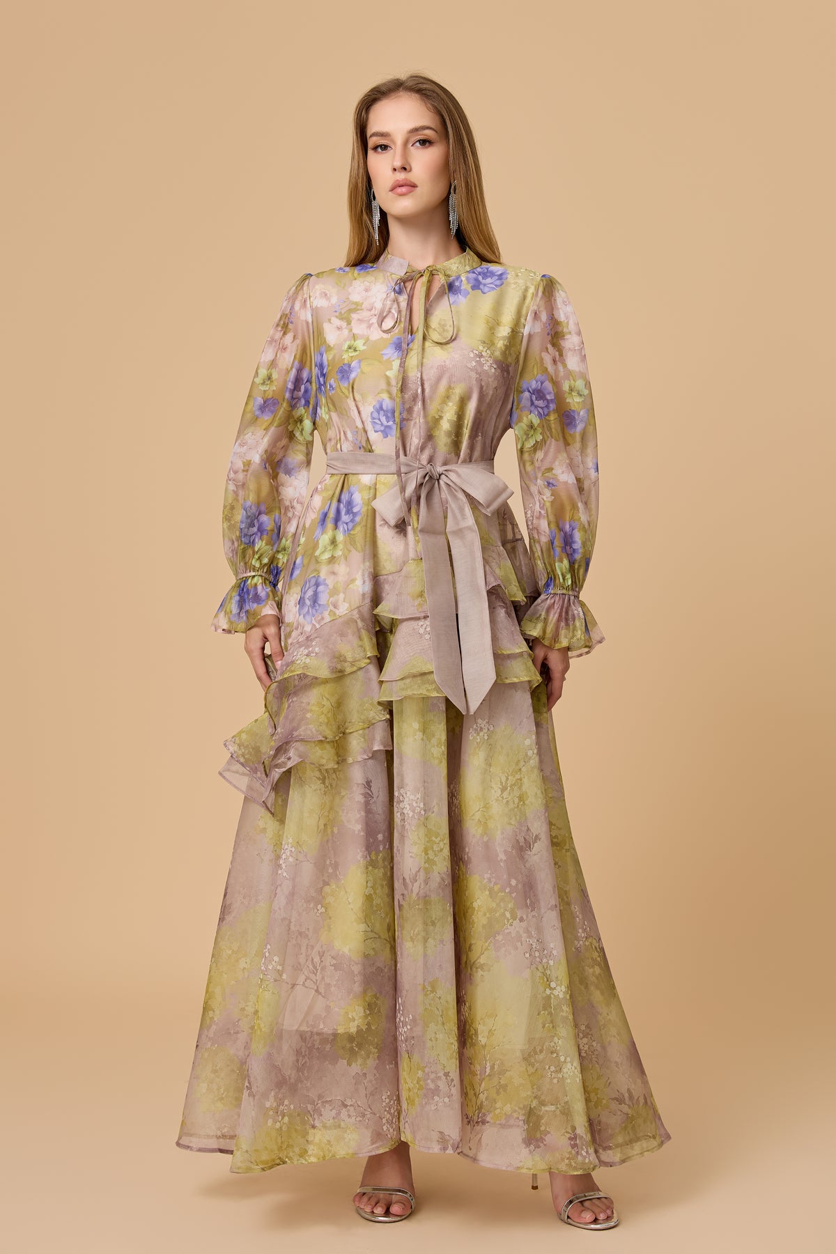 Dreamy Sage Floral Print Long Sleeve Tiered Maxi Dress