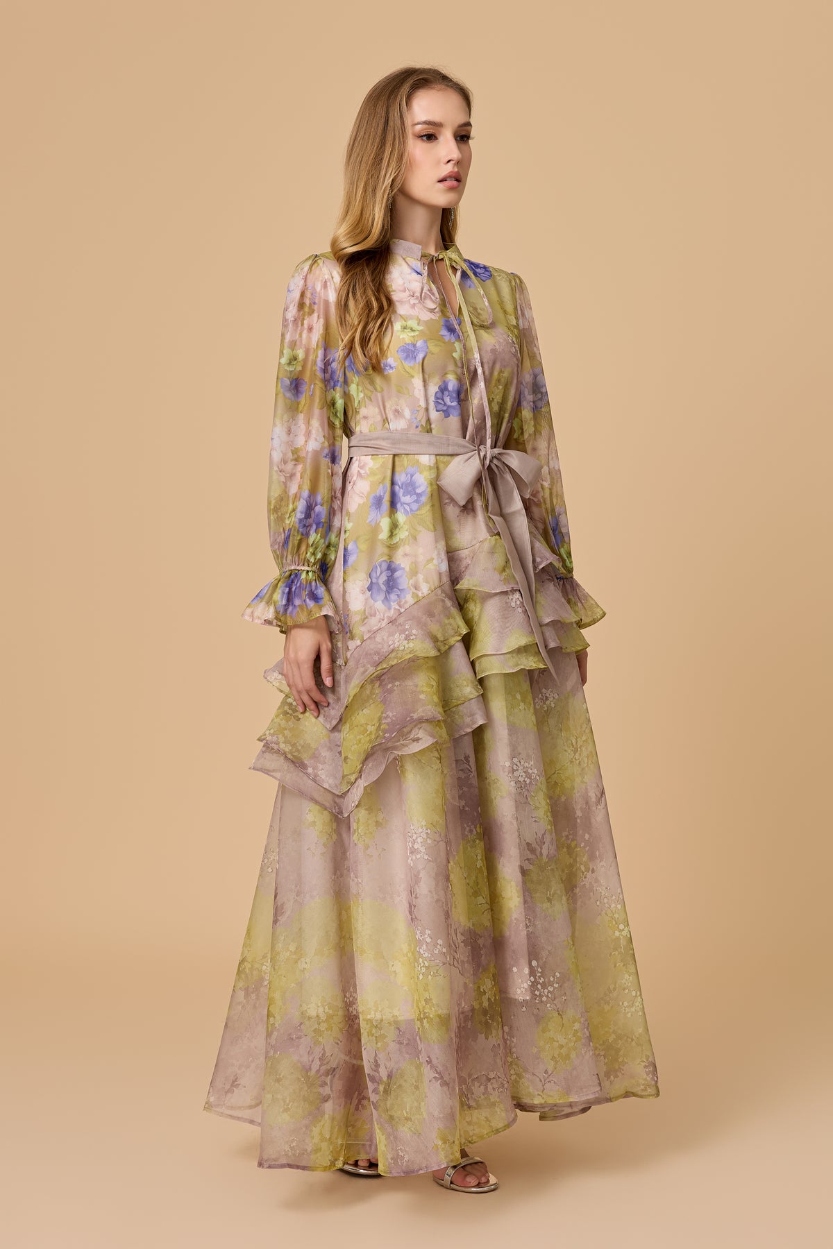 Dreamy Sage Floral Print Long Sleeve Tiered Maxi Dress